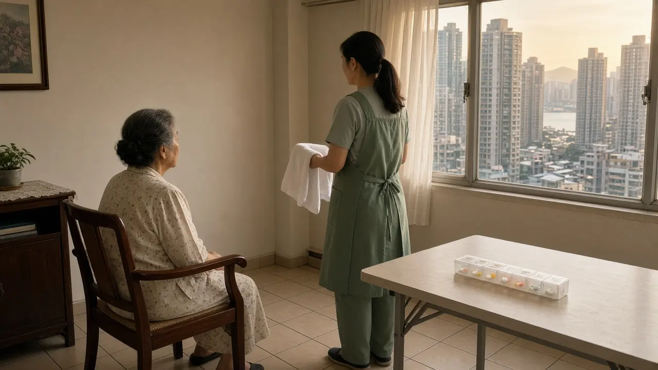 香港住宅內，照顧員站在長者身旁，窗外是屋邨同海港